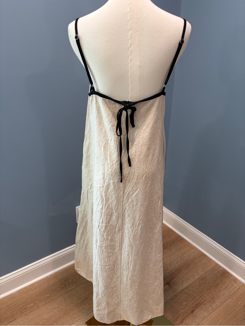 Senllen 100% Linen Maxi Dress Small Oatmeal Black Trim Coastal Minimalist - Picture 5 of 9